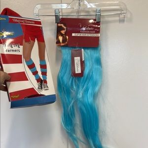 Sexy dr Seuss thing 1 costume - new blue hair extensions and striped leg warmers